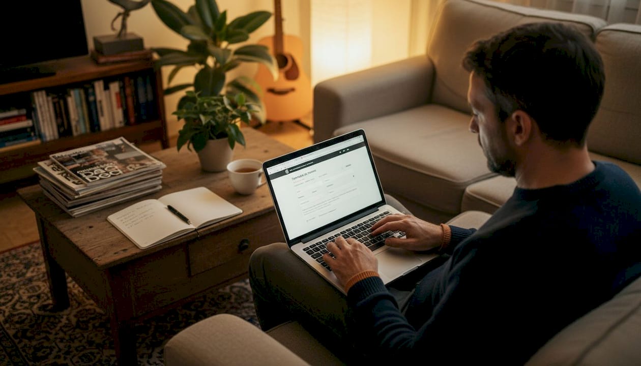 Un hombre está sentado en casa y hace una reserva en su restaurante favorito a través de internet.