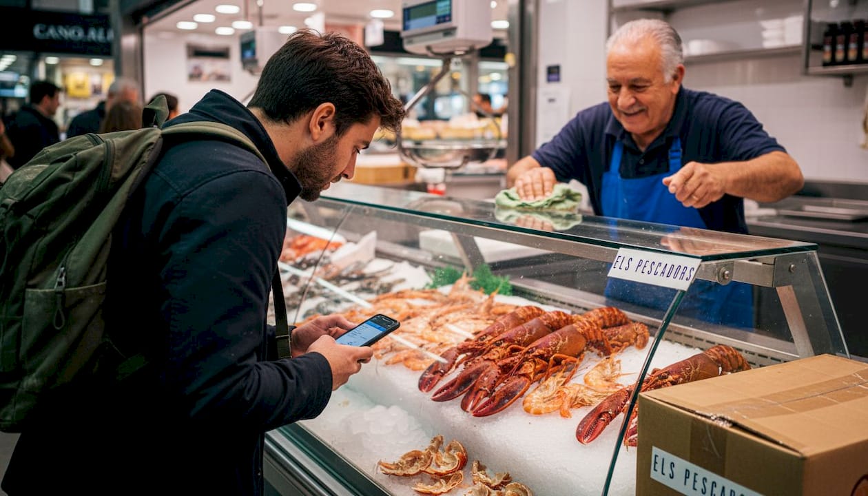 Cliente seleccionando marisco fresco en un mercado tradicional de Barcelona
