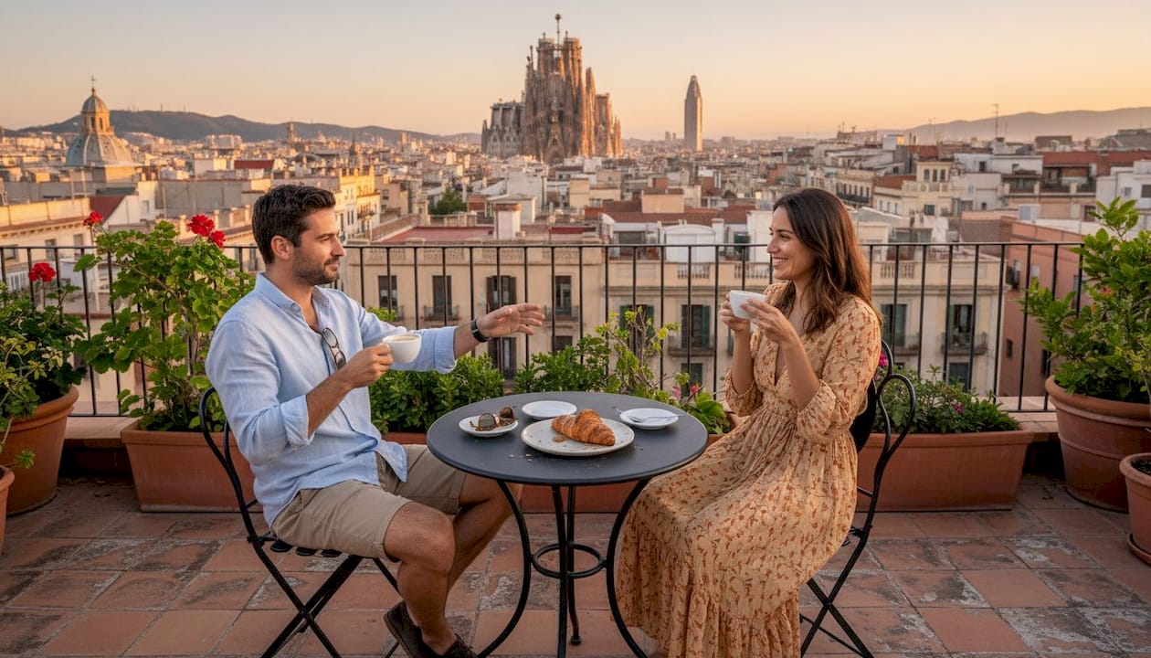 Pareja disfrutando de una puesta de sol con la Sagrada Familia de fondo