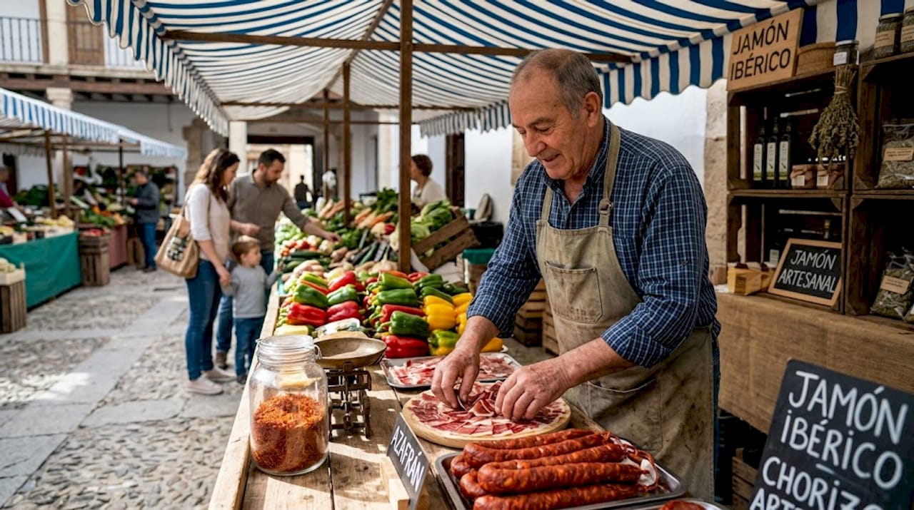 Puesto de mercado con productos típicos españoles a la vista