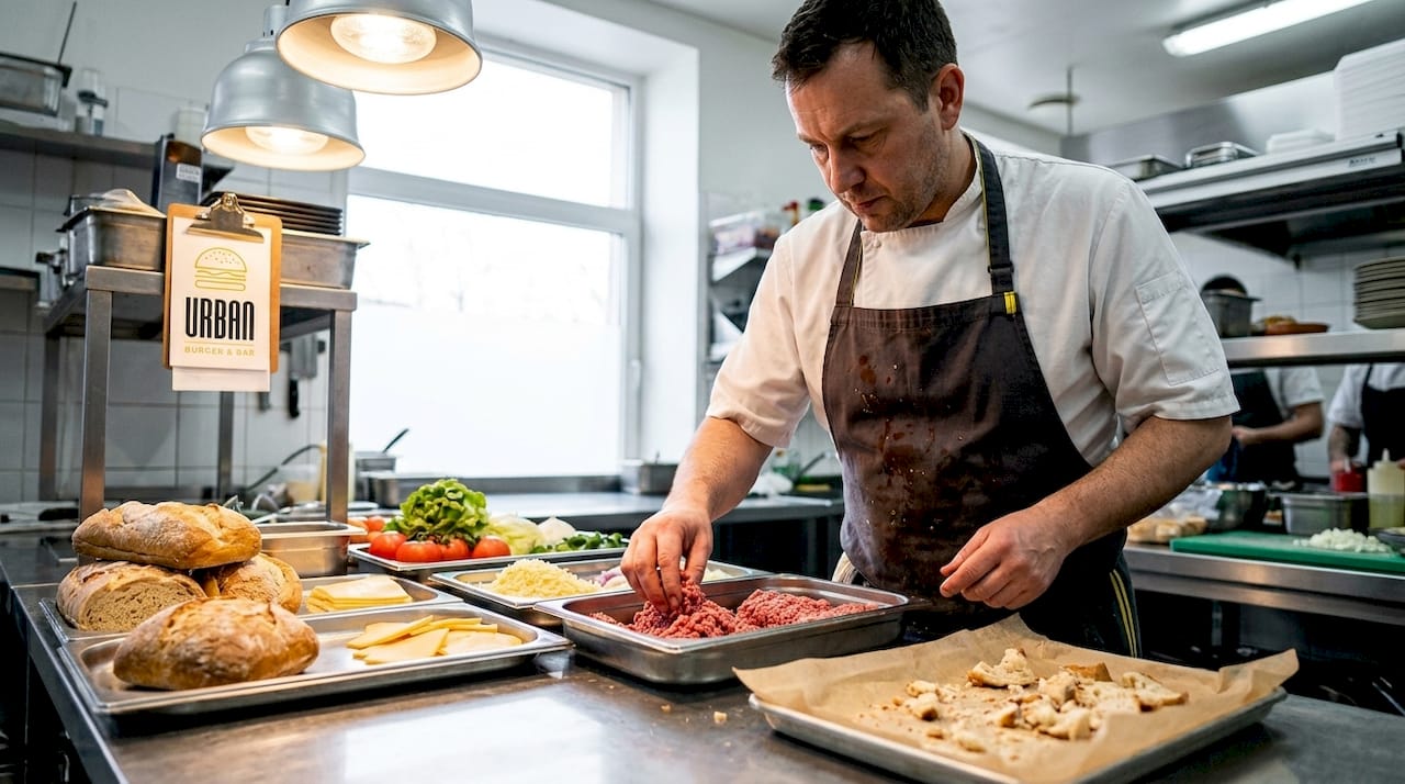 Chef seleccionando los mejores ingredientes para preparar una hamburguesa gourmet