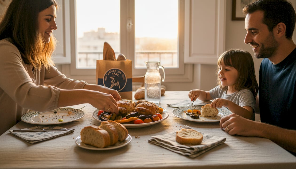 Una familia comparte una comida de pollo al ast acompañado de escalivada, disfrutando juntos de sabores tradicionales.