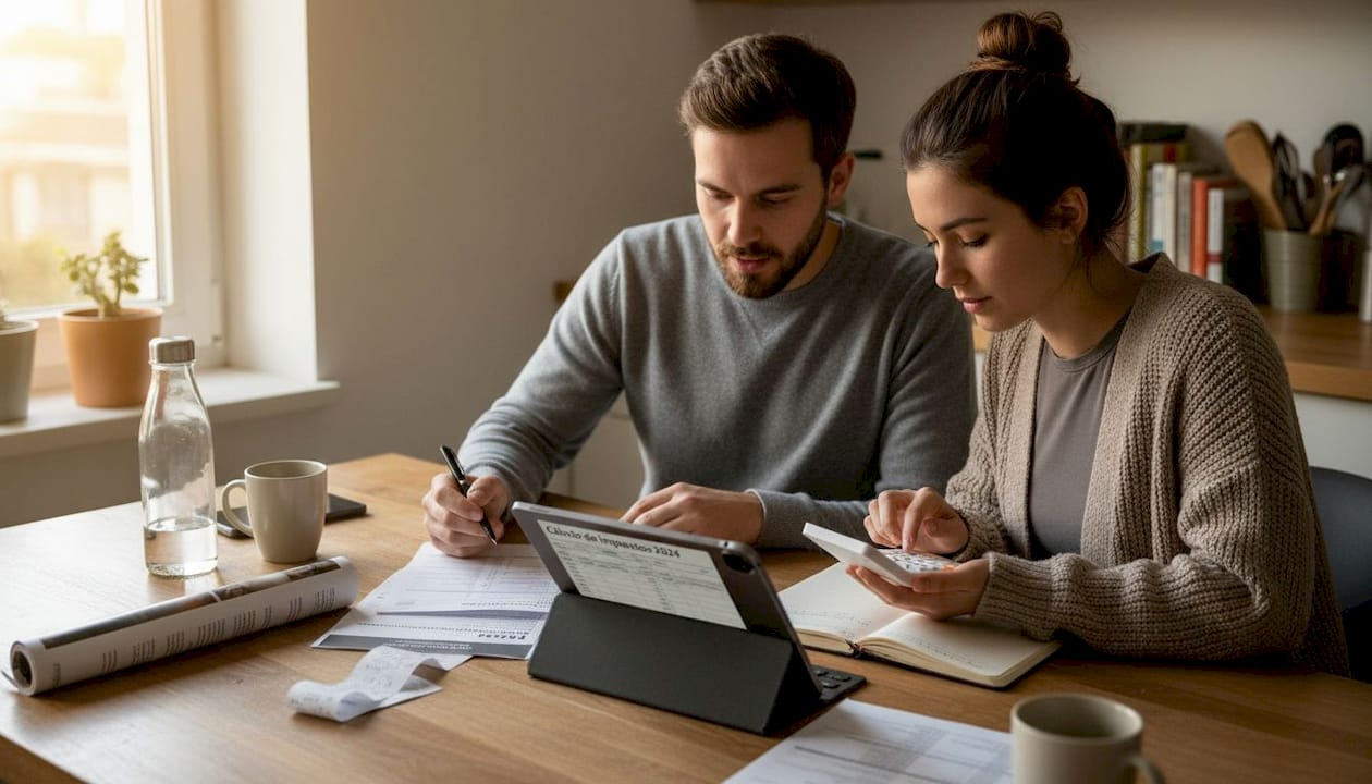 Una pareja revisa sus cuentas y calcula impuestos antes de comprar un piso en Tenerife