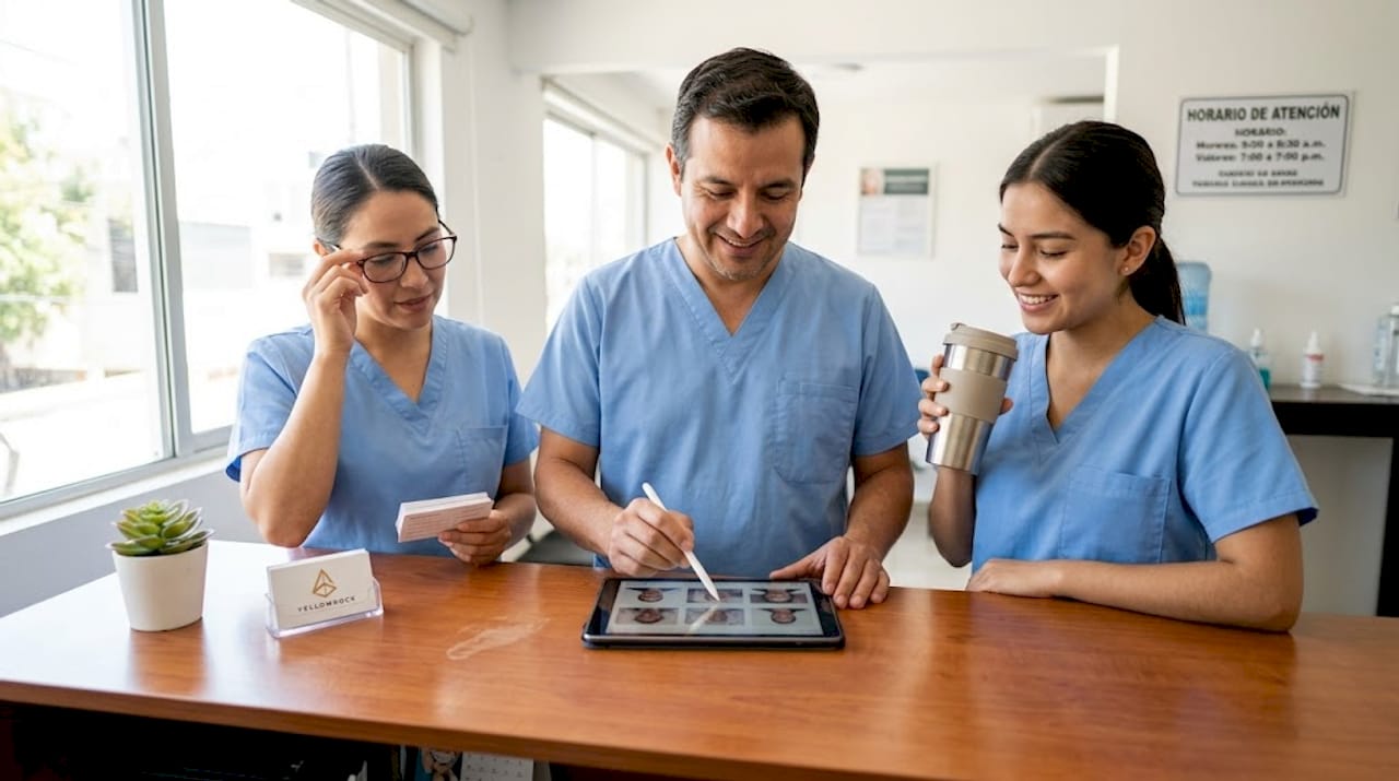 El equipo odontológico colaborando en la recepción de la clínica.