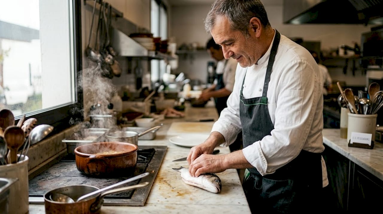 Un chef catalán se dispone a preparar pescado fresco en la cocina, poniendo en práctica toda su experiencia y pasión por la gastronomía mediterránea.
