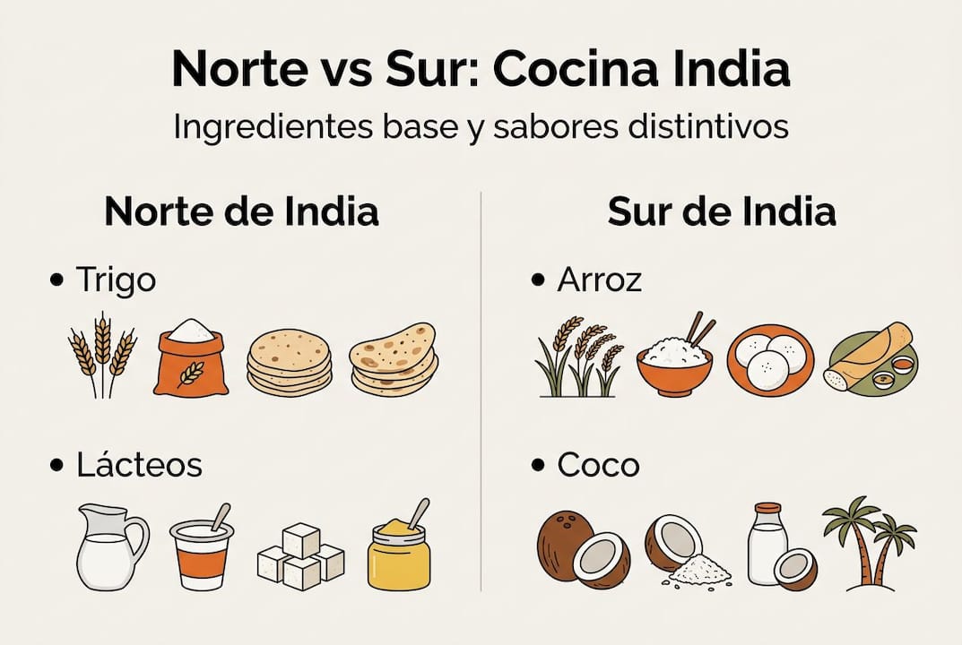 Infografía sobre las principales diferencias entre la gastronomía del norte y del sur de la India