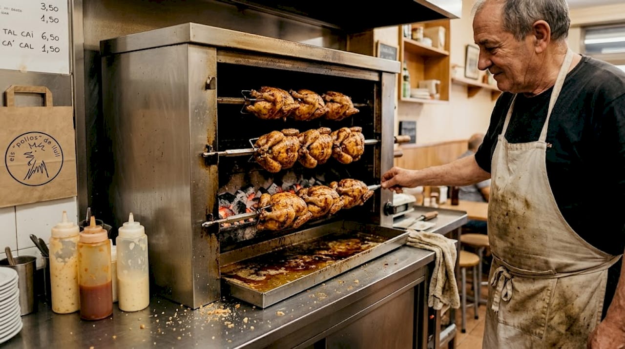 Pollos a l’ast al estilo tradicional en asador catalán