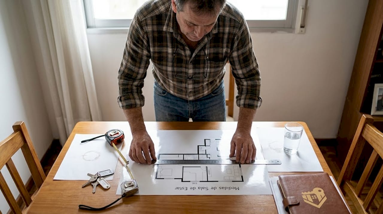 Manos tomando medidas sobre el plano de una propiedad