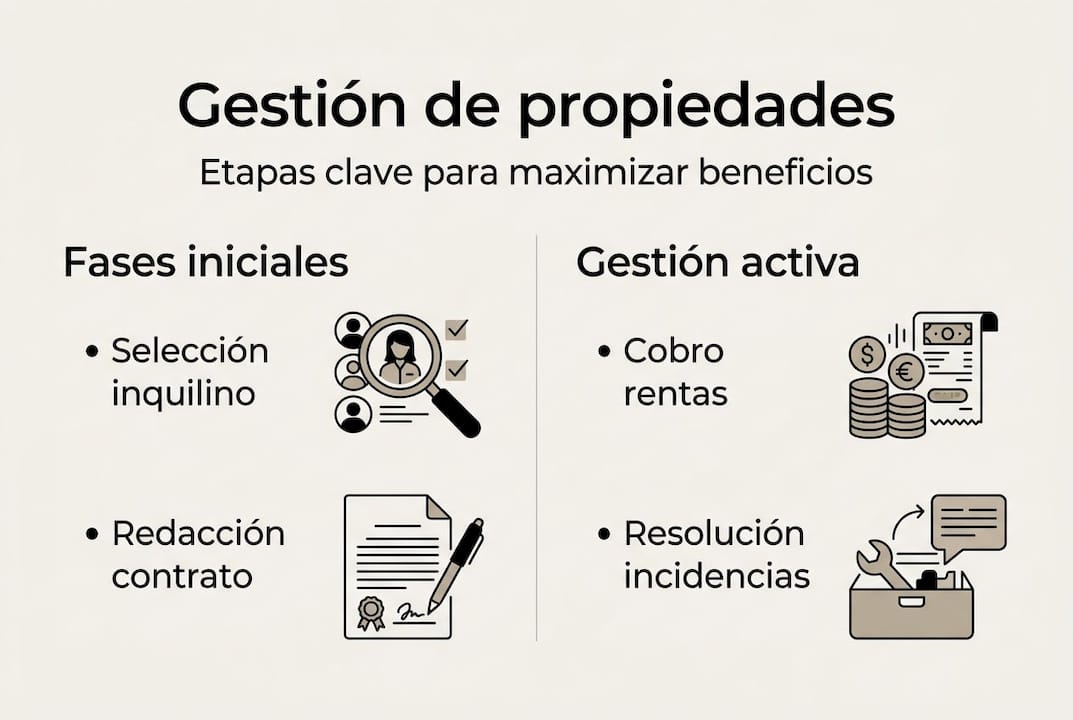 Infografía sobre las etapas fundamentales en la gestión de bienes raíces