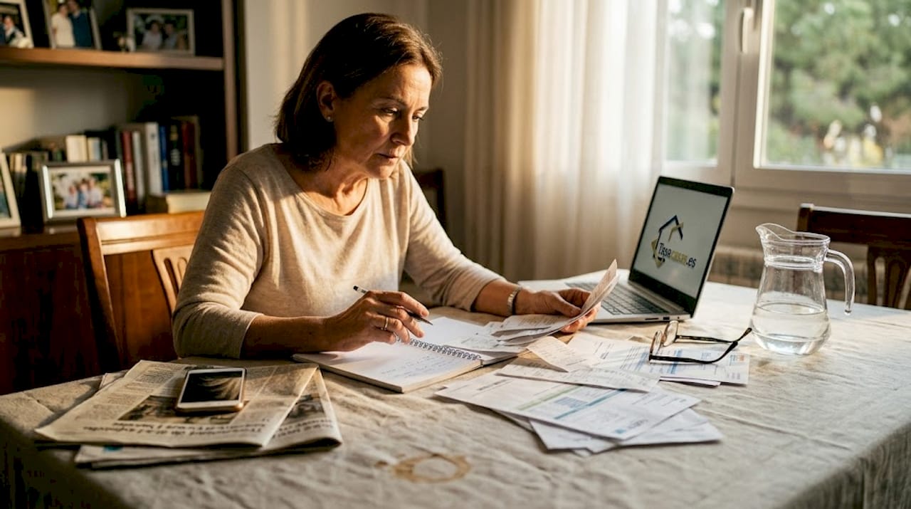 Dueña revisando los recibos y apuntes relacionados con el alquiler