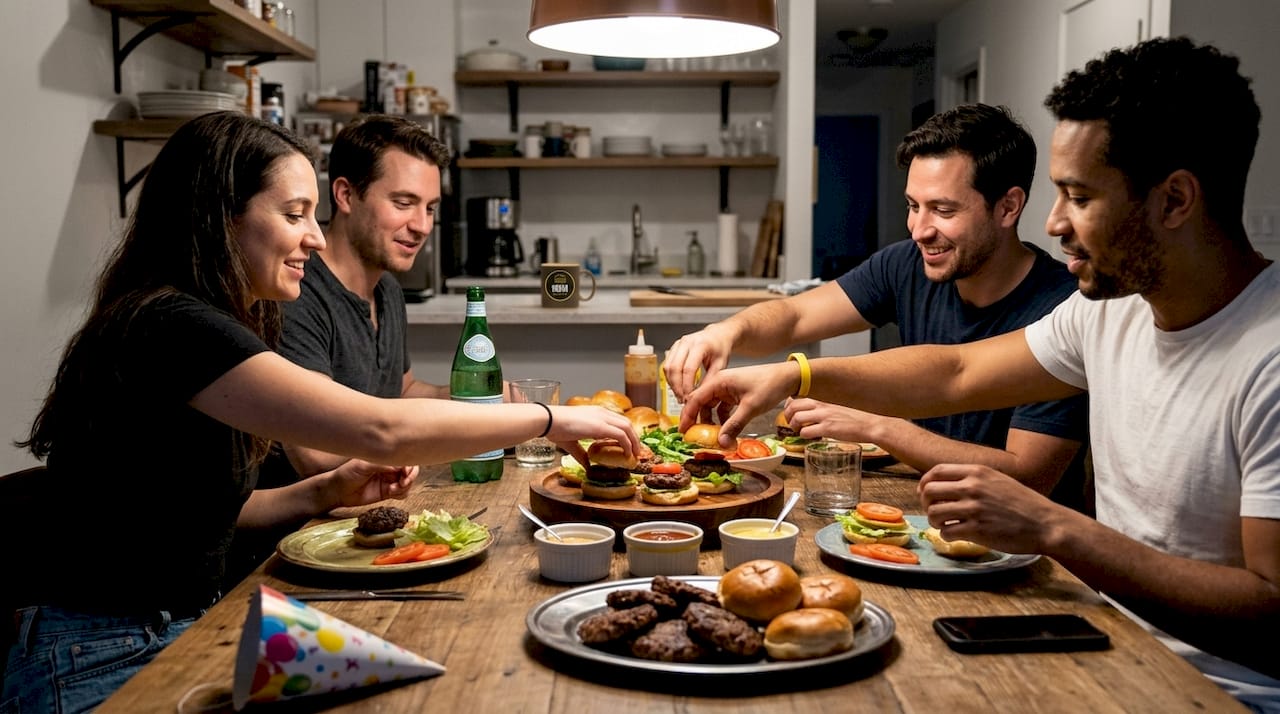 Un grupo de amigos preparando sliders gourmet juntos en la mesa durante una fiesta de cumpleaños.