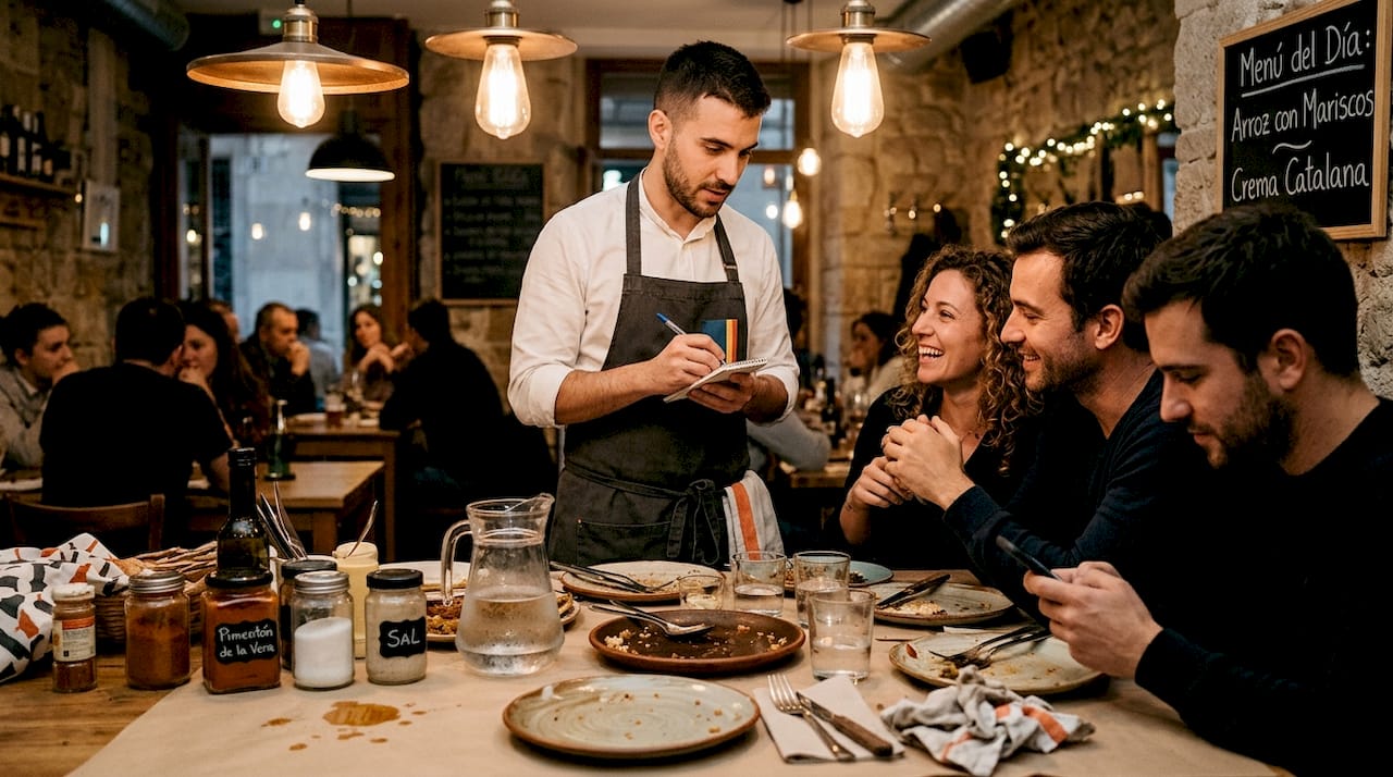 Un camarero toma nota de los pedidos de los clientes en un ambiente relajado.