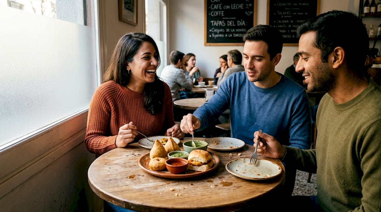 Un grupo de amigos compartiendo buenos momentos mientras disfrutan de la comida callejera india.