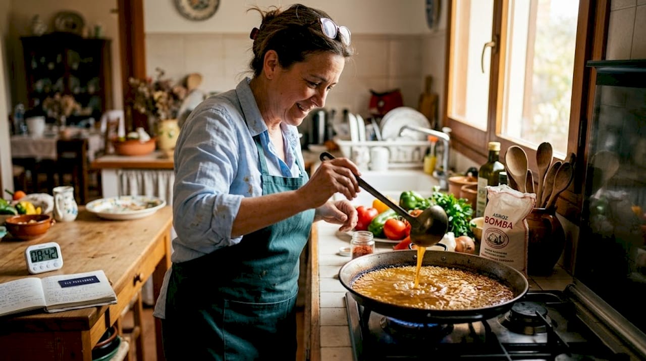 Añadiendo el caldo caliente al arroz bomba