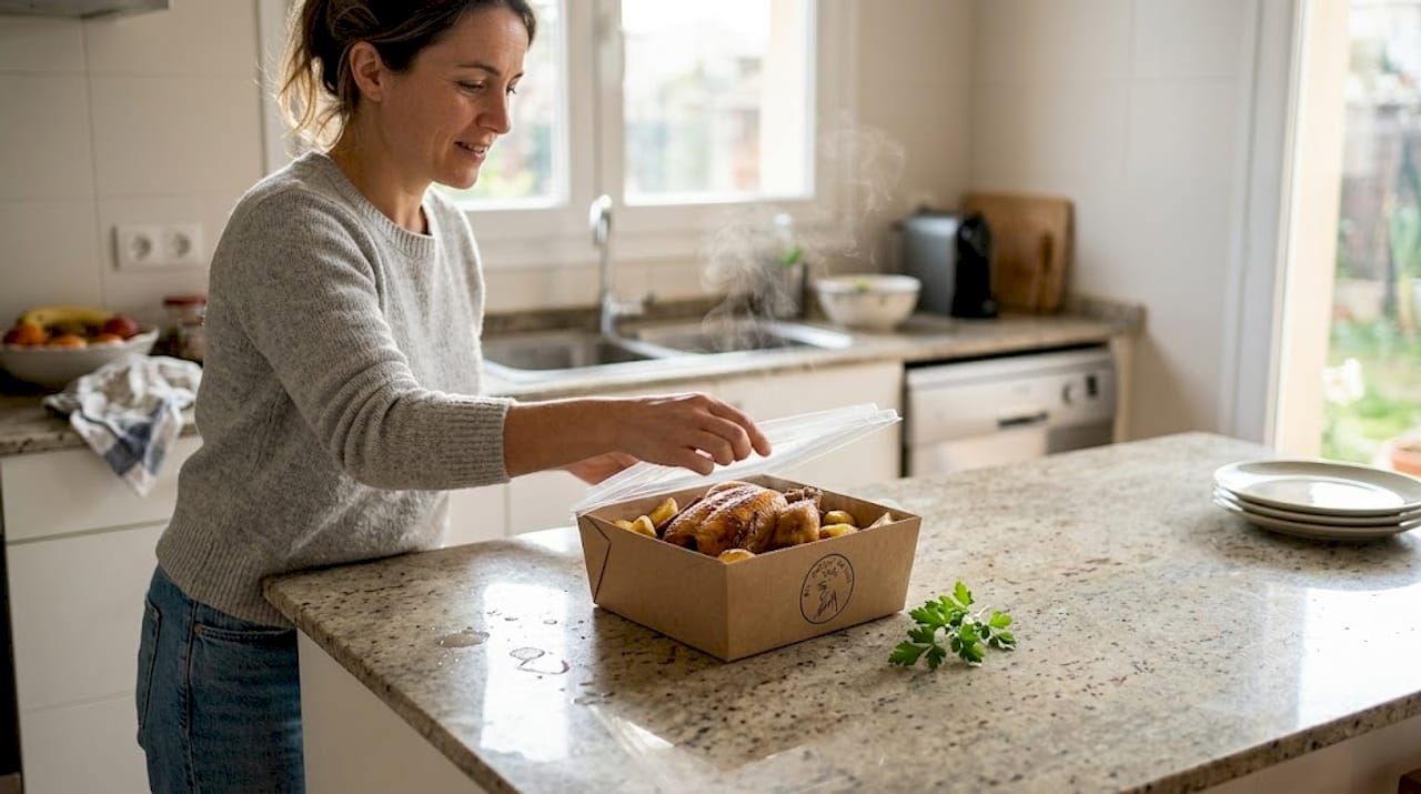 Pollo a l’ast recién comprado, listo para disfrutar en casa