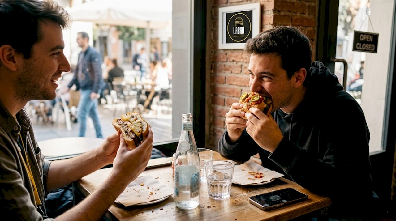 Dos amigos probando hamburguesas creativas de fusión
