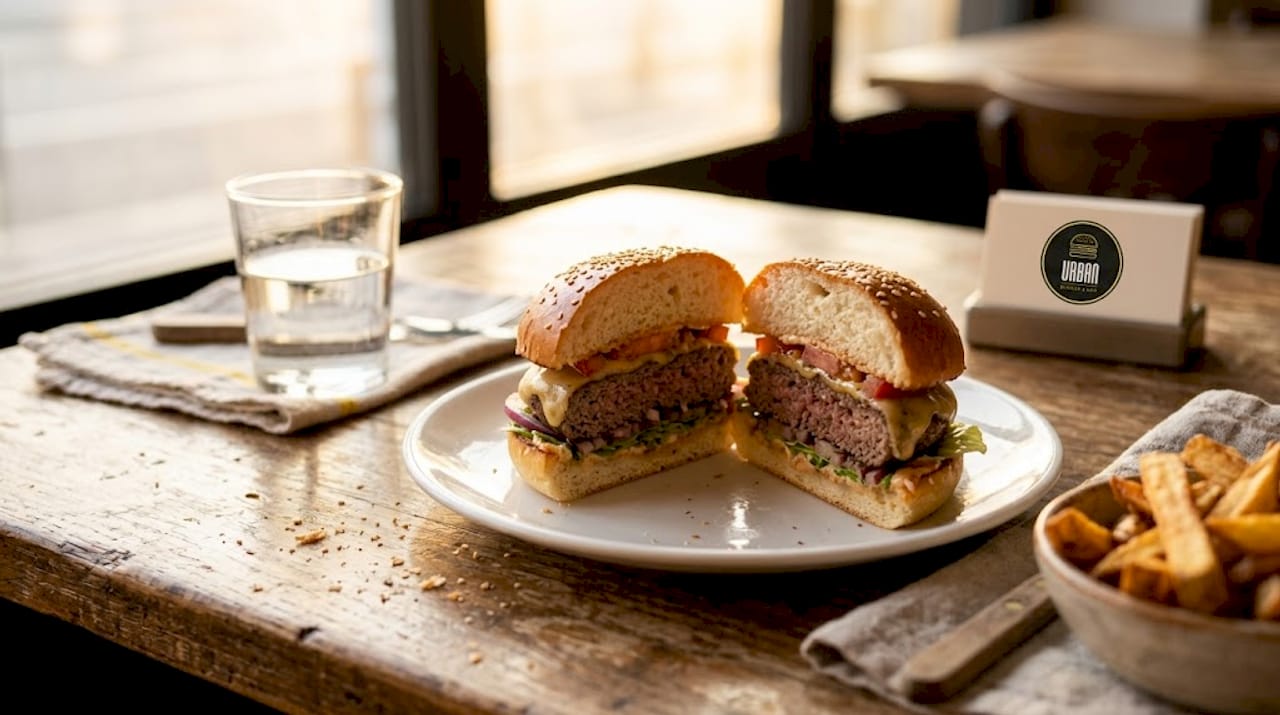 Hamburguesa casera recién cortada en la mesa para ti