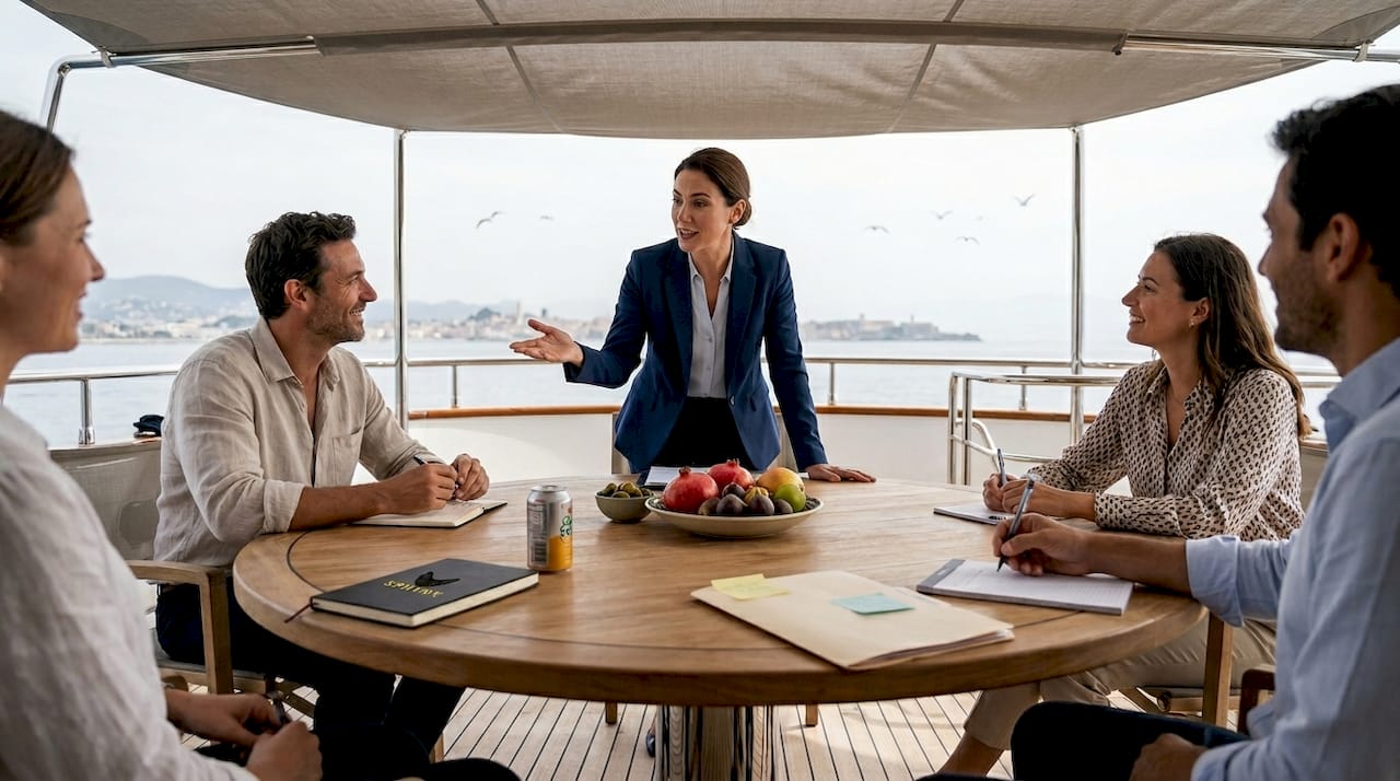 Business meeting on motor yacht deck