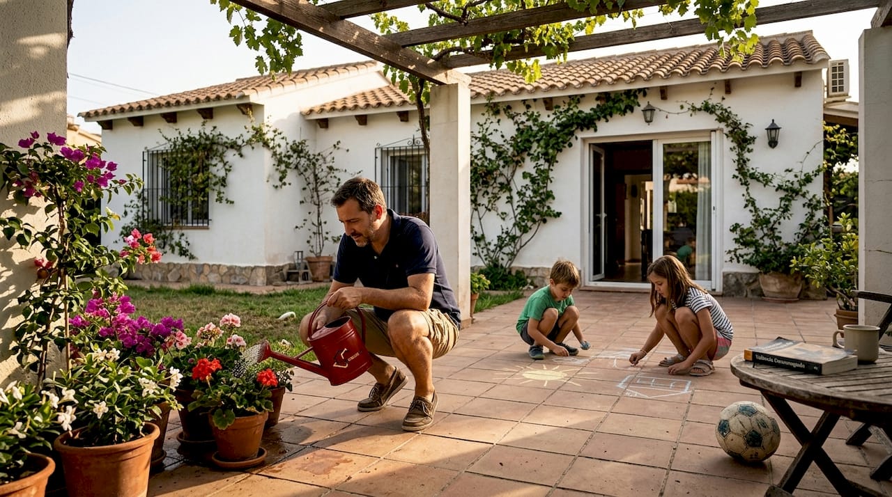 Una familia disfruta de una tarde tranquila en la terraza de su chalet en Valencia.