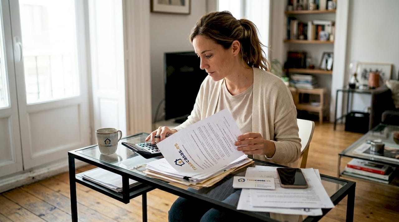 Una mujer revisa informes de tasación de propiedades sentada en su escritorio.