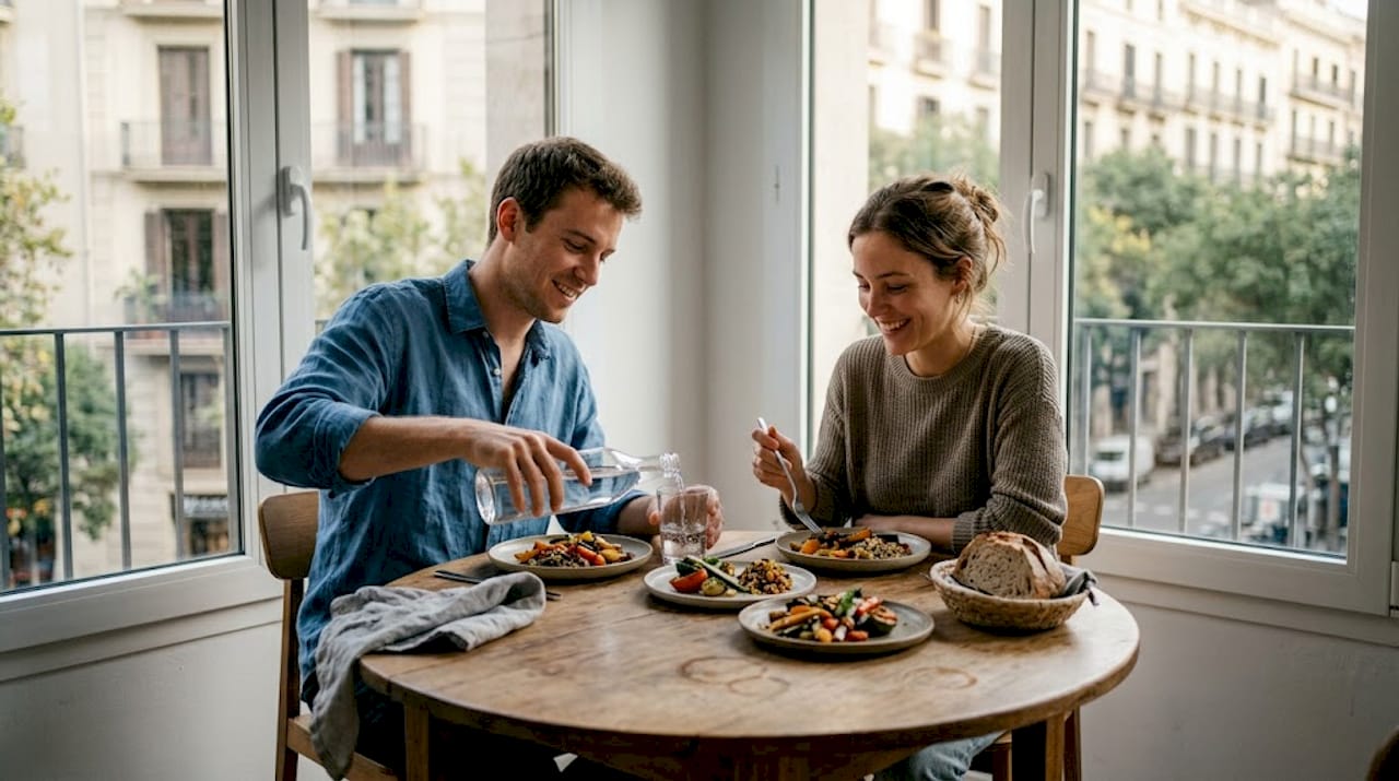 Pareja disfrutando de un menú degustación vegetariano