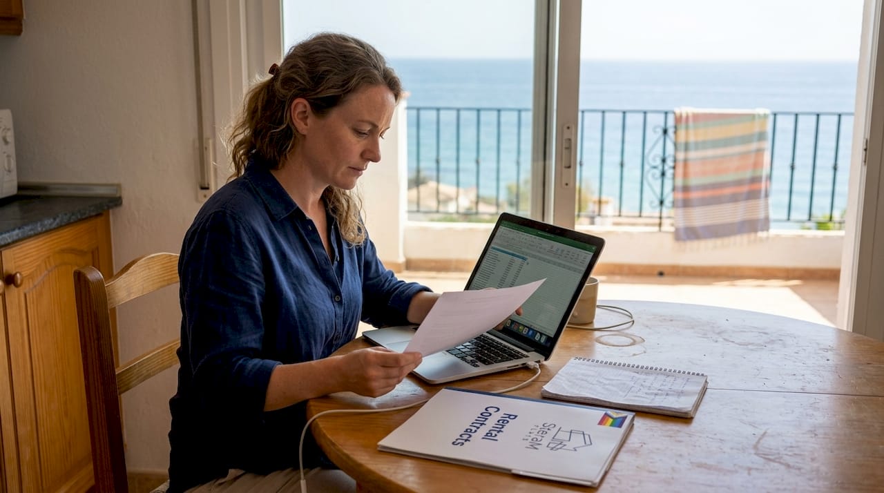 Property manager checking rental contracts villa