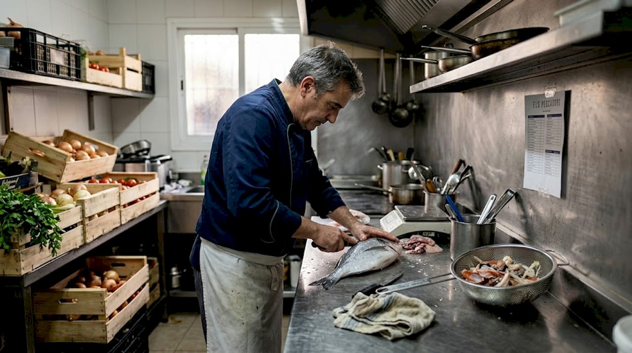 Un chef elabora un plato de pescado fresco en una cocina típica de marisquería.