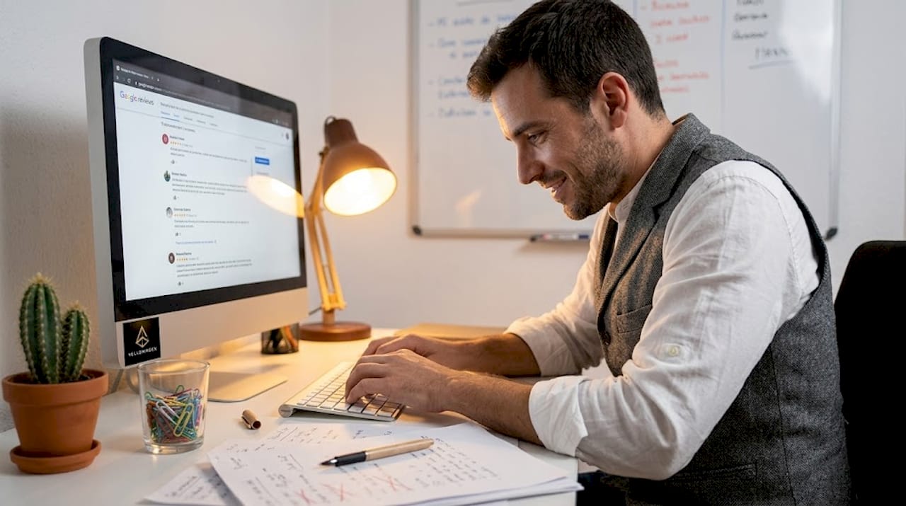 Hombre respondiendo a opiniones de clientes desde su oficina