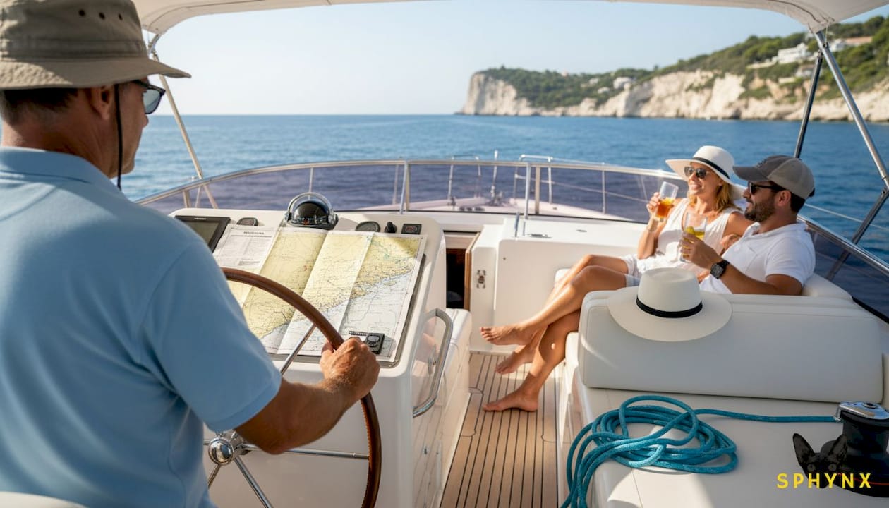 Skipper steering yacht, relaxed guests nearby