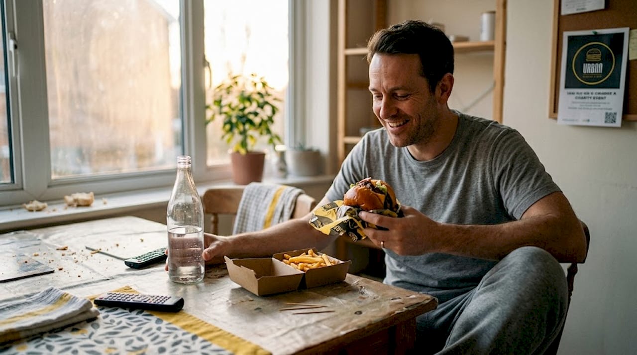 Una persona saboreando una hamburguesa gourmet para llevar