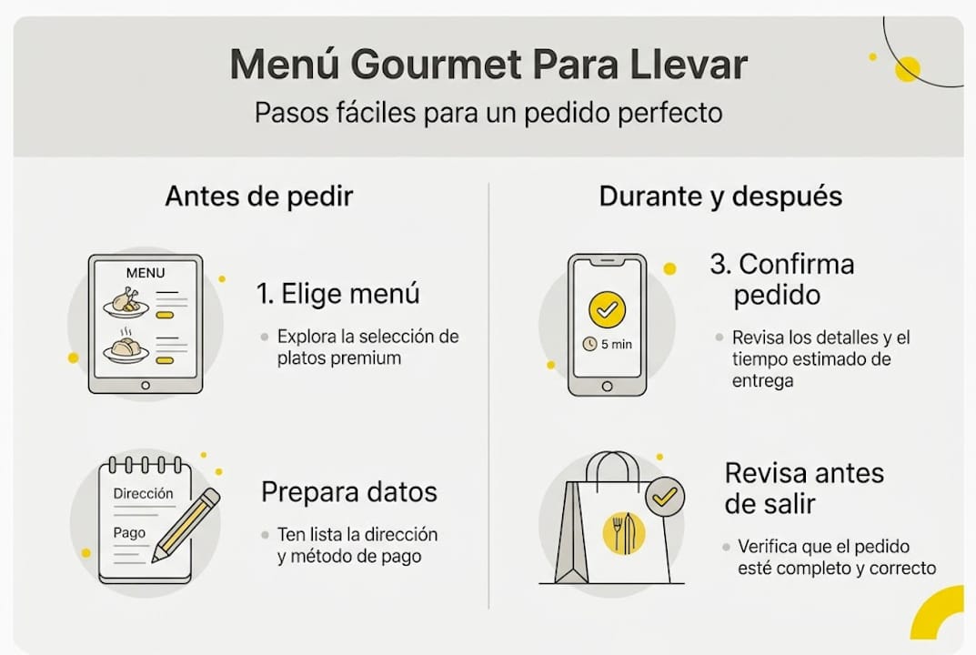 Guía visual con los pasos para preparar un menú gourmet listo para llevar
