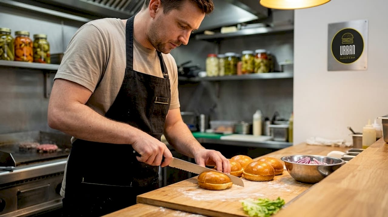 Un chef se encuentra en la cocina preparando hamburguesas para el brunch, cuidando cada detalle en la barra mientras da forma a una propuesta deliciosa y diferente para la mañana.