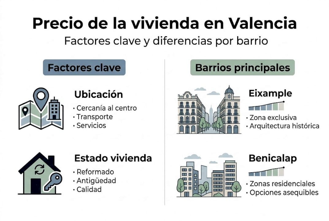Infografía sobre cómo influyen los diferentes barrios y factores en el precio de la vivienda en Valencia
