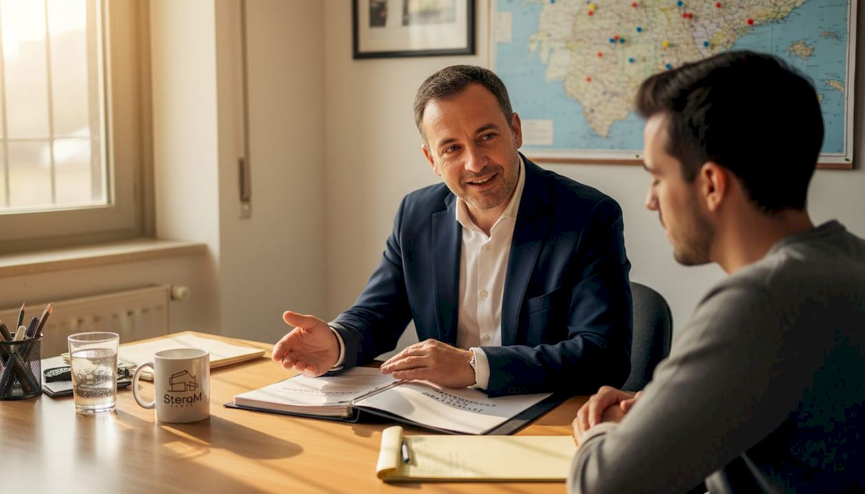 Agent presenting property sale documents Spain