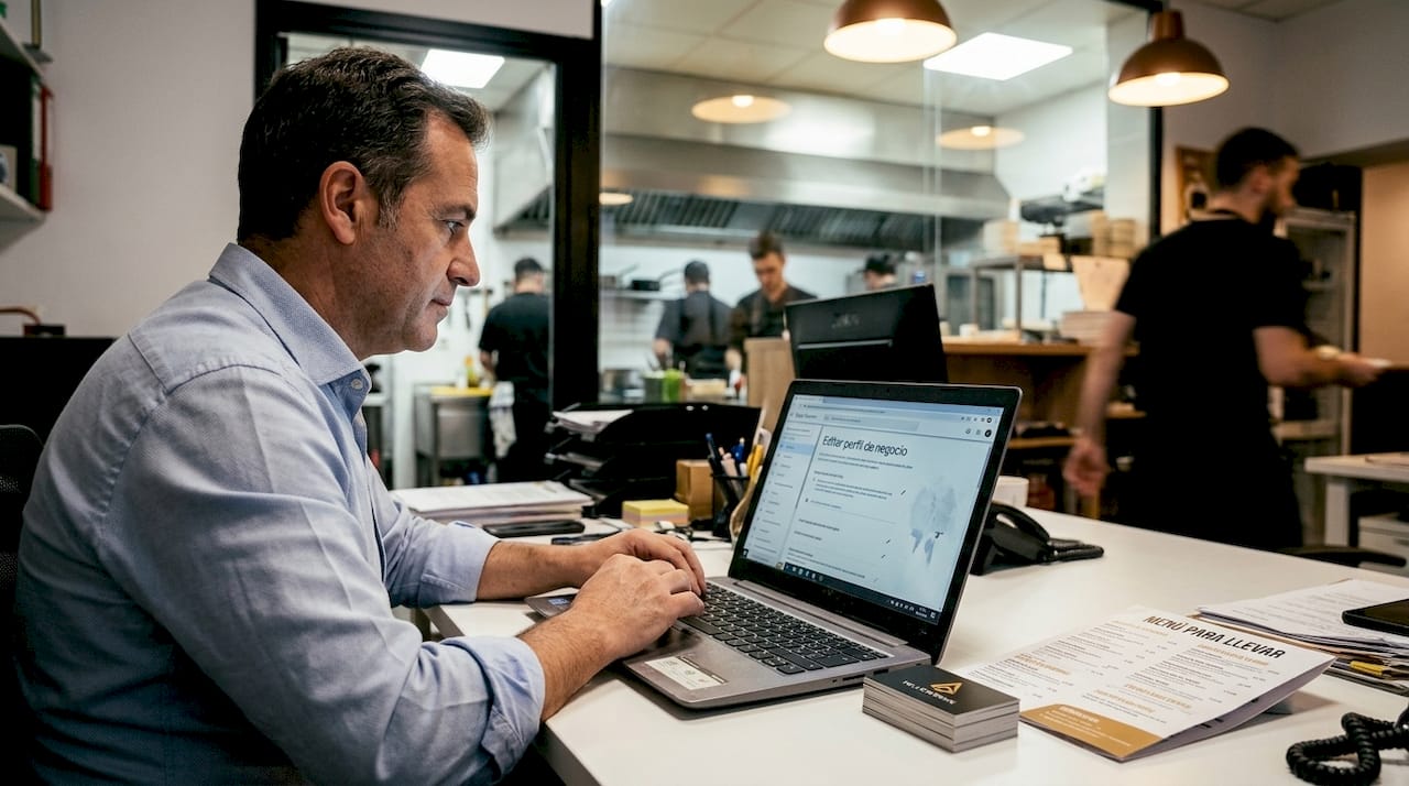 Dueño del restaurante actualizando la información de su negocio en Google