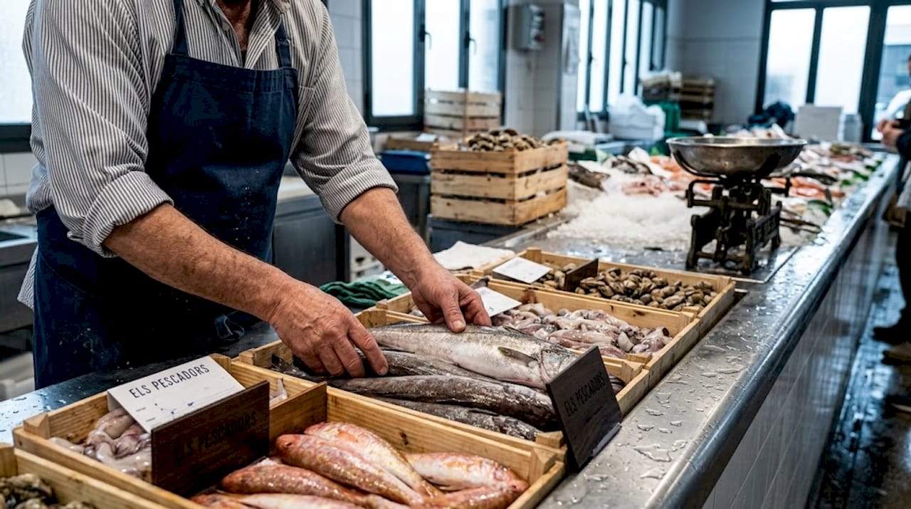 Un pescadero eligiendo los mejores mariscos frescos recién llegados de la lonja