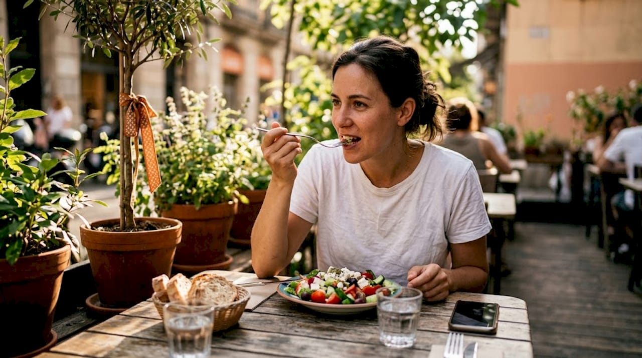 Un cliente disfruta de una ensalada mediterránea en la terraza