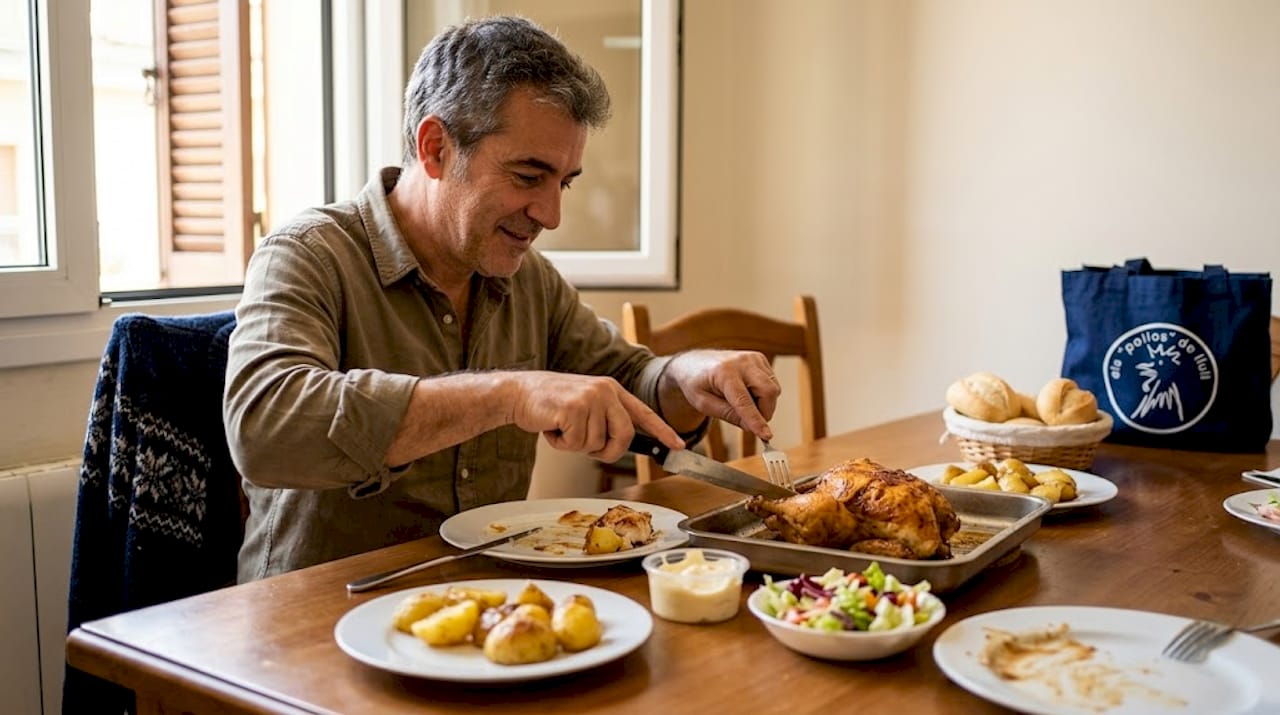 Un hombre sirve un delicioso pollo asado acompañado de patatas y una generosa ración de alioli.
