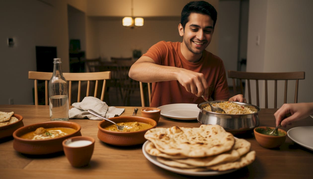 Reunión familiar alrededor de una mesa llena de sabores auténticos de la India.
