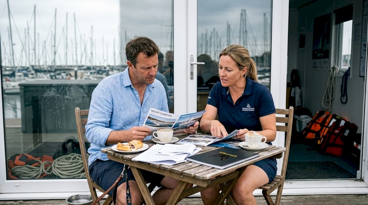 Two people discussing yacht selection by marina