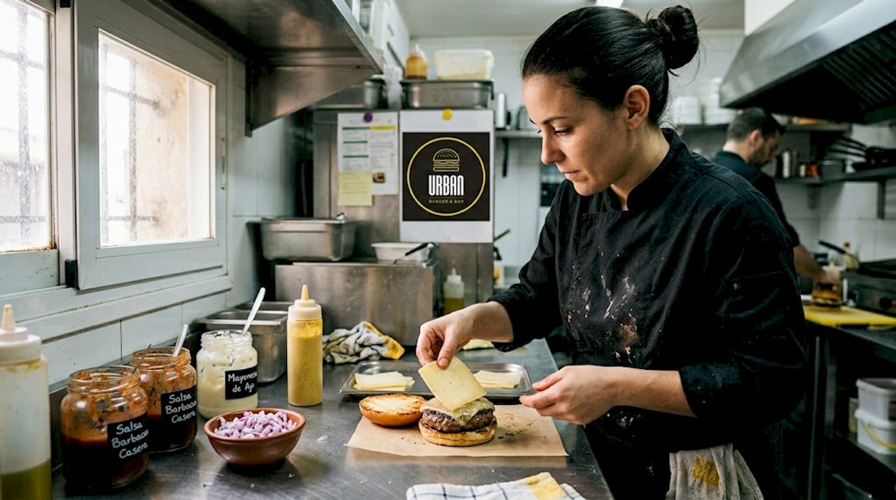 Una chef añade queso gourmet a una hamburguesa recién preparada.