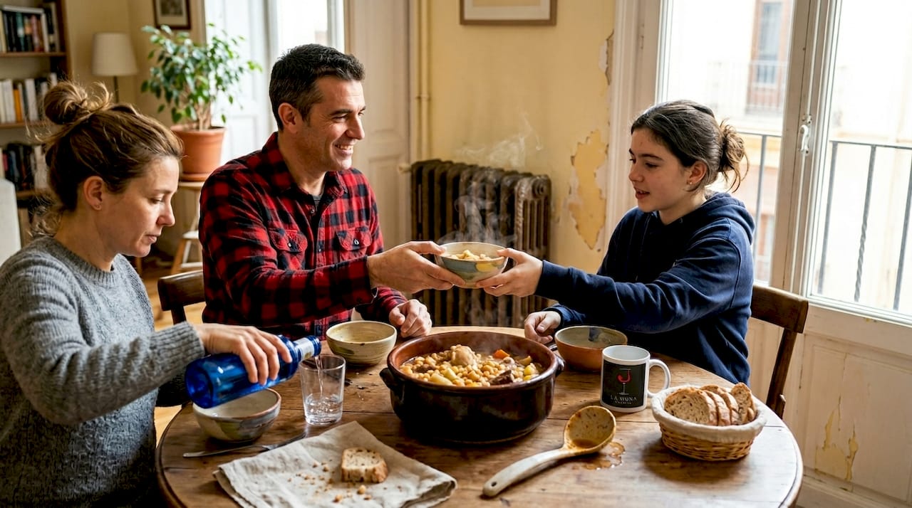 Una familia disfruta junta de un buen puchero valenciano, compartiéndolo alrededor de la mesa.