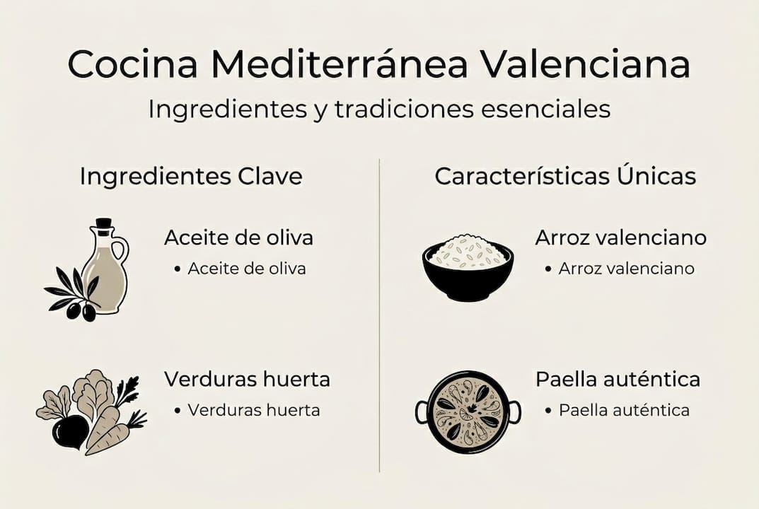 Infografía con los secretos y elementos esenciales de la cocina mediterránea valenciana