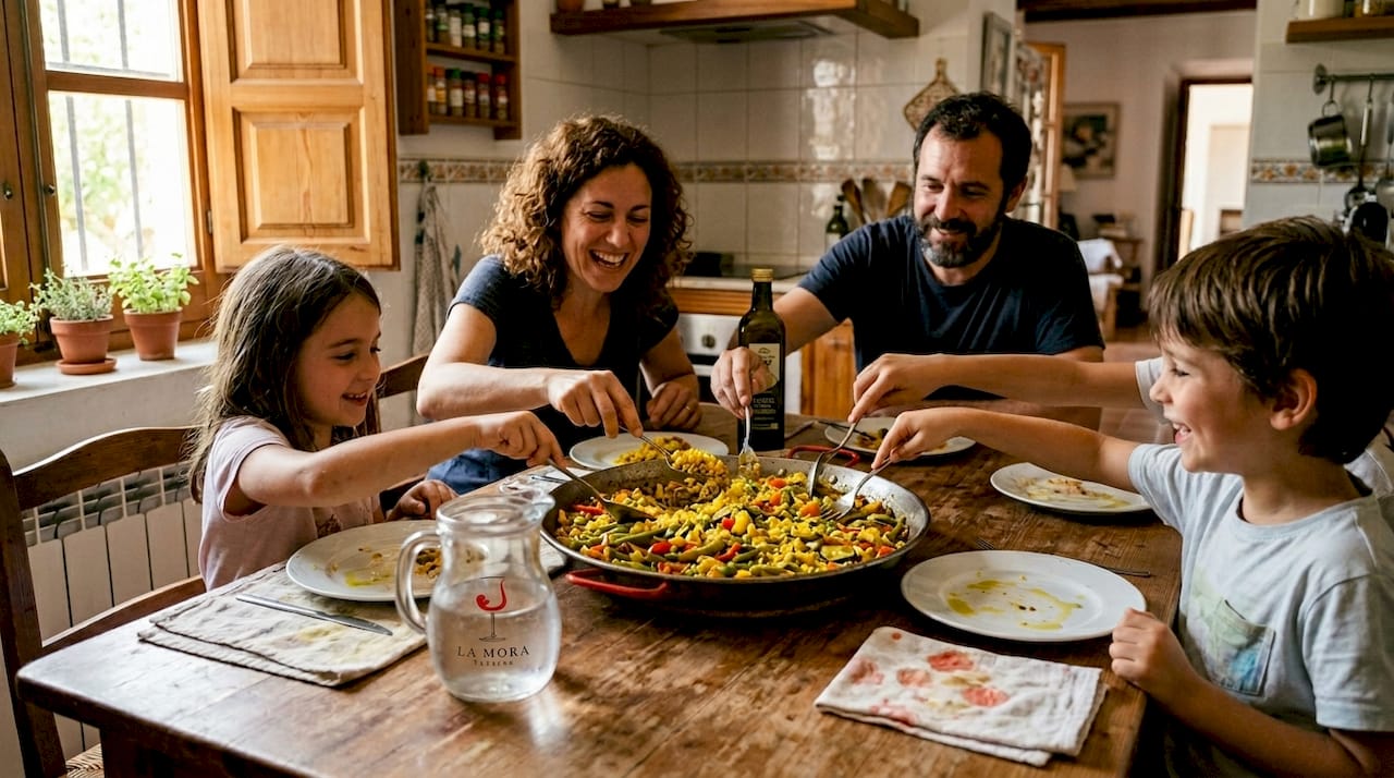 Una familia comparte una paella casera en la cocina, sirviéndose raciones entre risas y buen ambiente.