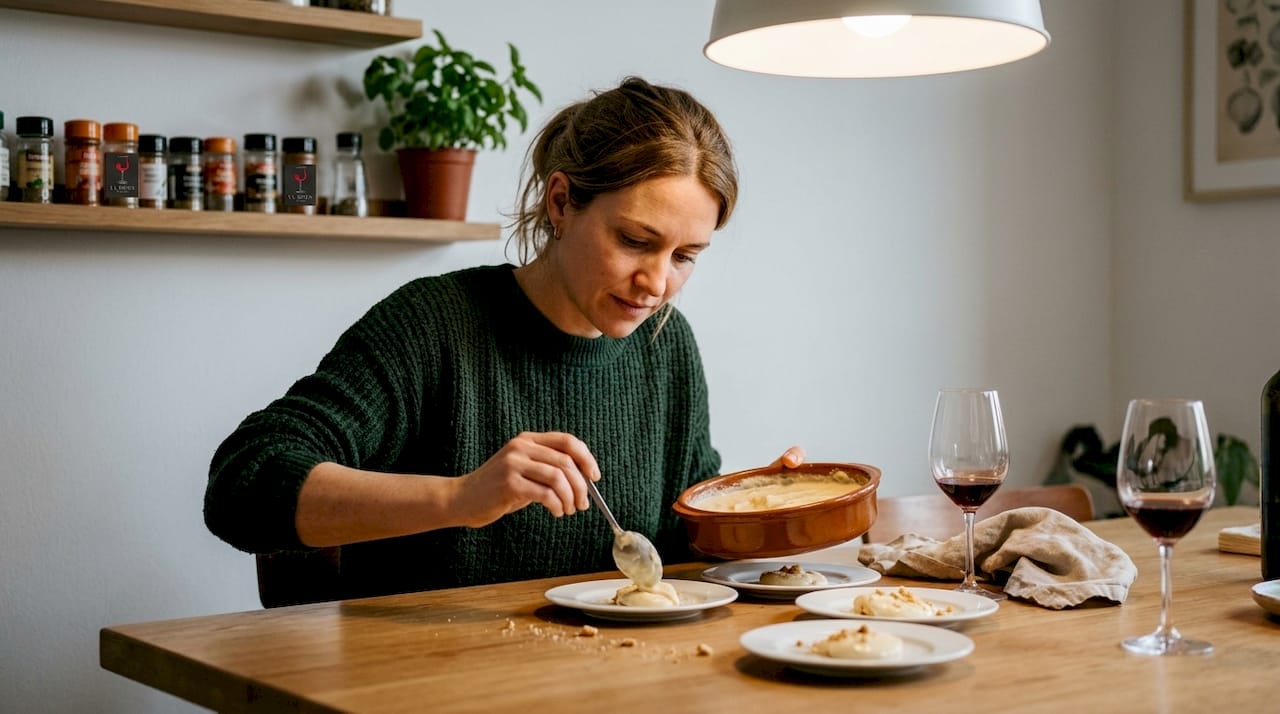 Una mujer coloca el postre en la mesa, lista para disfrutar de una experiencia gourmet.