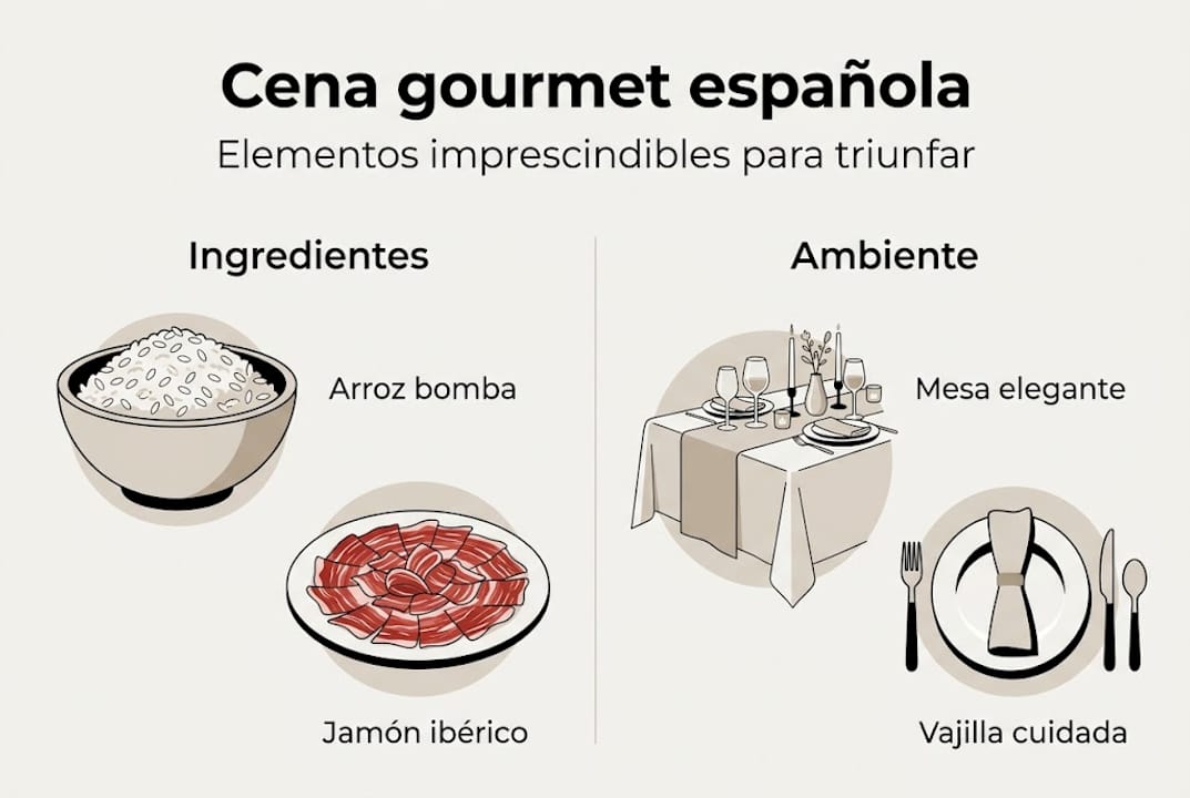 Infografía con los imprescindibles de una cena gourmet al estilo español
