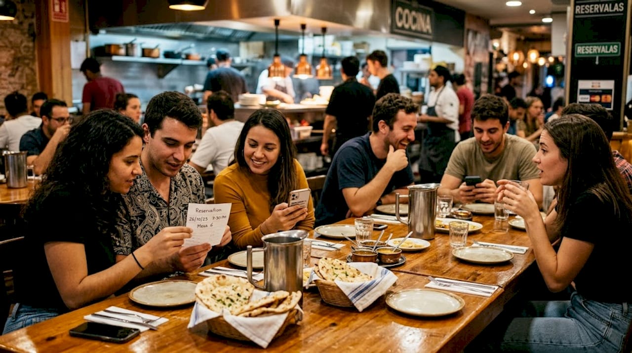 Un grupo de amigos se acomoda alrededor de una mesa en un restaurante hindú, preparándose para disfrutar juntos de la comida.