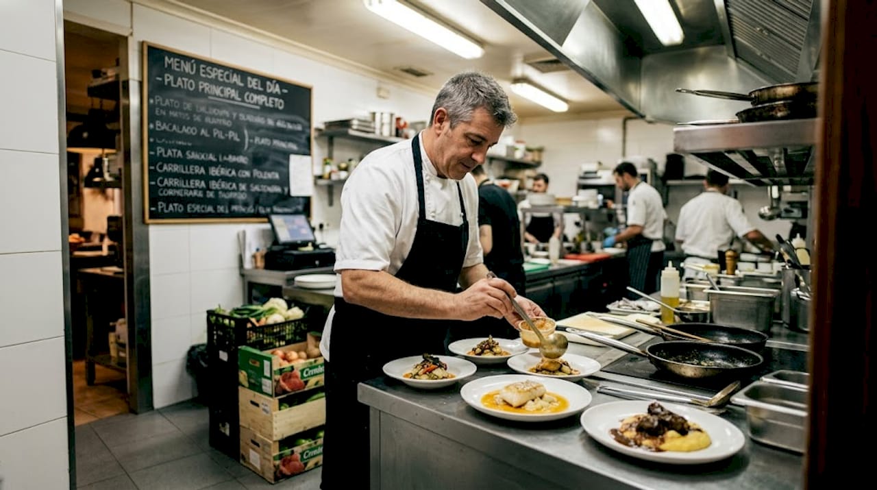 El chef se encuentra elaborando los platos del menú especial en la cocina del restaurante.