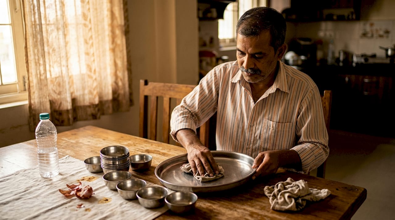 Mesa familiar con thali tradicional y utensilios típicos de la India