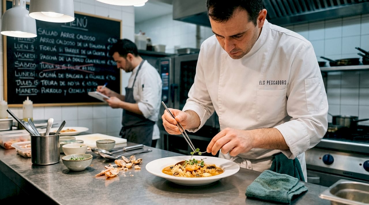Cocinero elaborando platos de mar en una cocina auténtica
